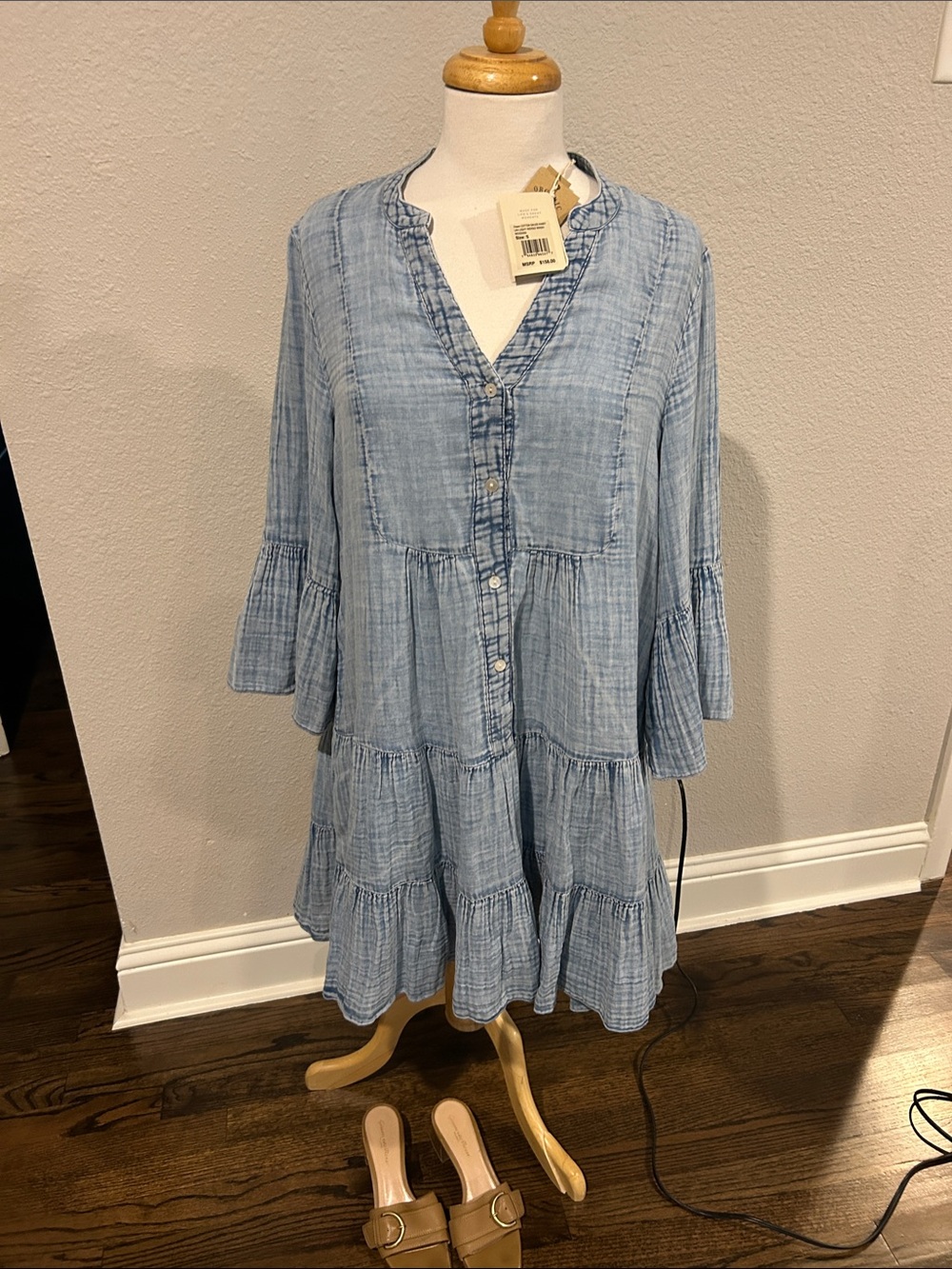 Faherty Light  Blue denim Tiered Button-Front Women's Dress